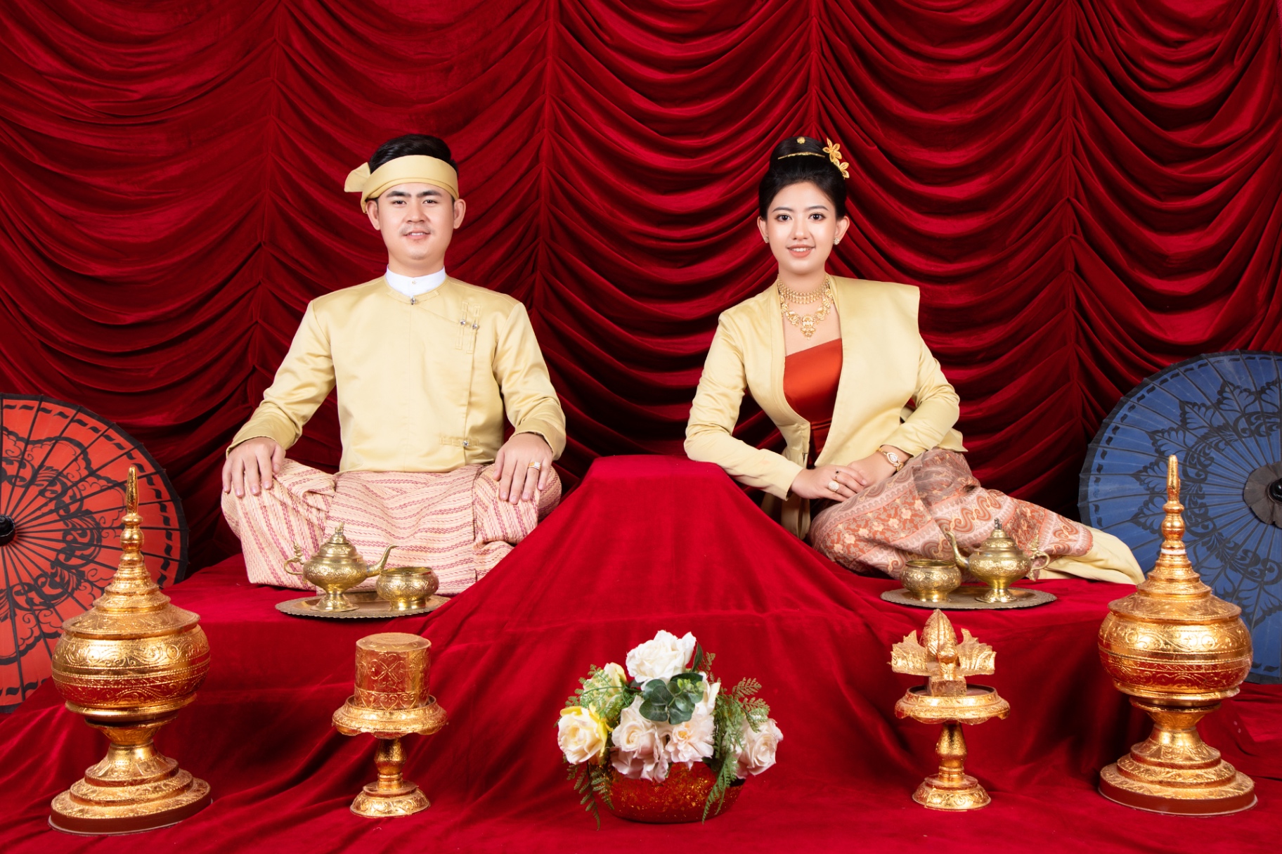 Traditional Myanmar portrait with ceremonial gold vessel